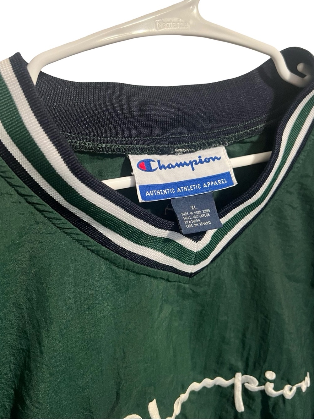 Vintage Champion Dark Green Cropped V-Neck Nylon Windbreaker White and Navy Trim - Picture 2 of 9